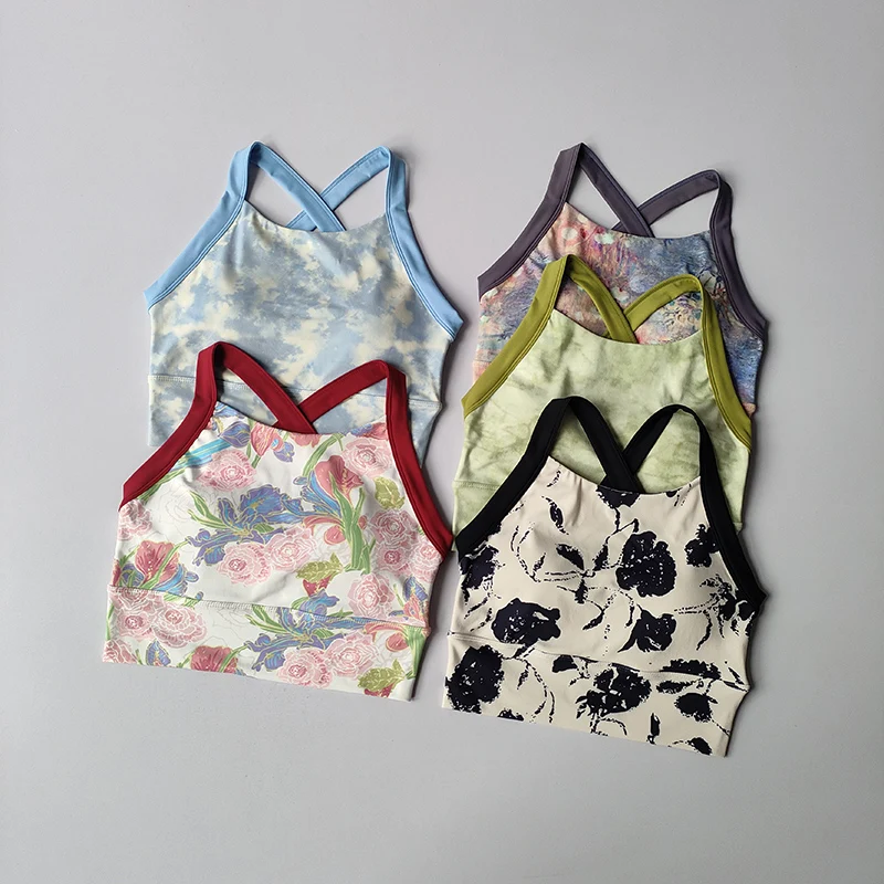 New High-end Yoga Lingerie Women's One-piece Fixed Cup Shock-proof Underwear Gathering Sexy Printed Wide Shoulder Strap Bra