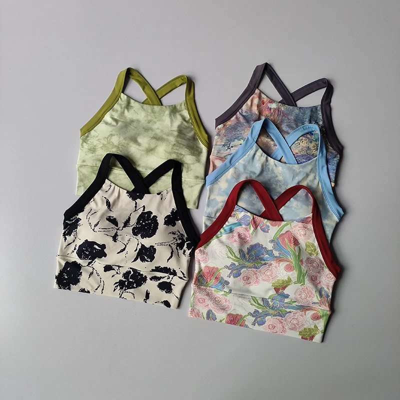 New High-end Yoga Lingerie Women's One-piece Fixed Cup Shock-proof Underwear Gathering Sexy Printed Wide Shoulder Strap Bra