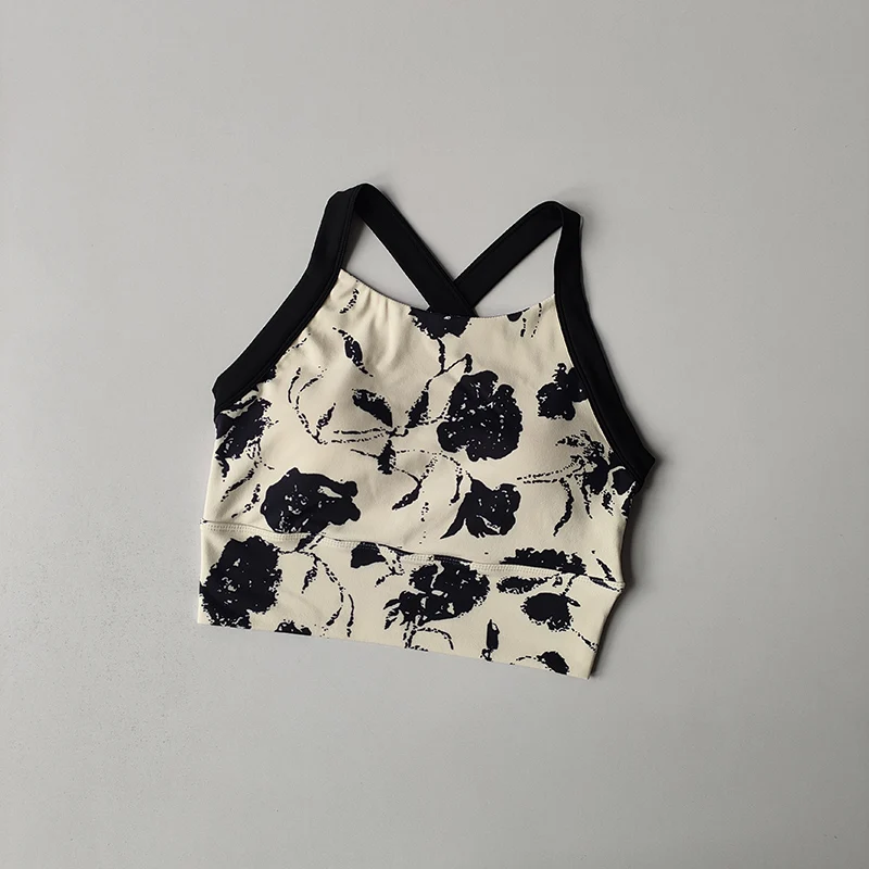 New High-end Yoga Lingerie Women's One-piece Fixed Cup Shock-proof Underwear Gathering Sexy Printed Wide Shoulder Strap Bra