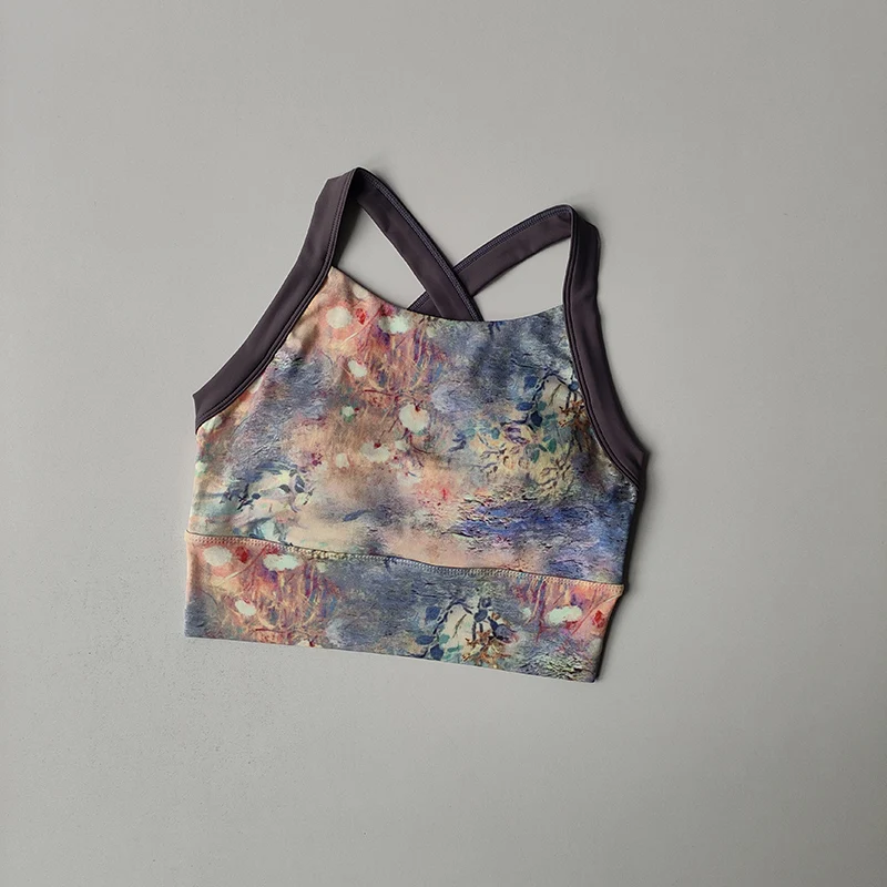 New High-end Yoga Lingerie Women's One-piece Fixed Cup Shock-proof Underwear Gathering Sexy Printed Wide Shoulder Strap Bra