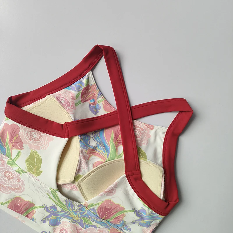 New High-end Yoga Lingerie Women's One-piece Fixed Cup Shock-proof Underwear Gathering Sexy Printed Wide Shoulder Strap Bra