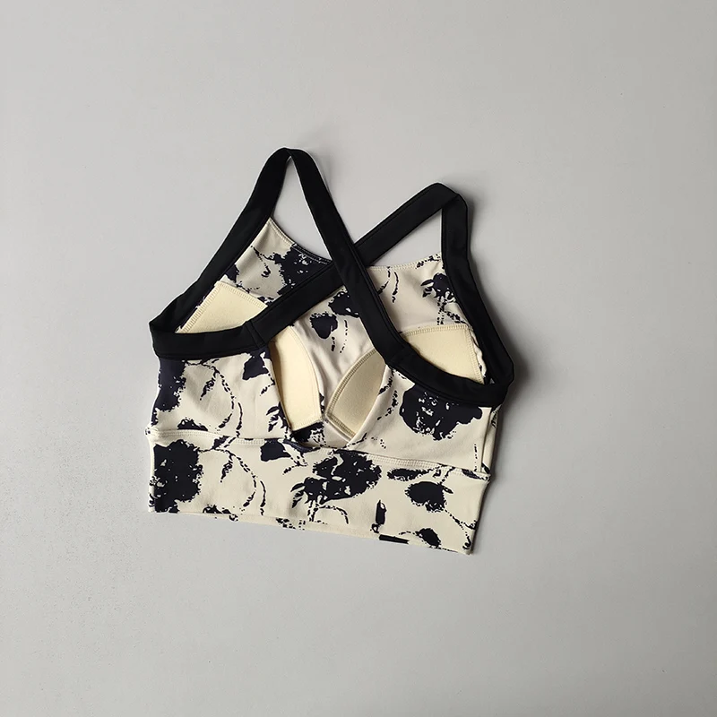 New High-end Yoga Lingerie Women's One-piece Fixed Cup Shock-proof Underwear Gathering Sexy Printed Wide Shoulder Strap Bra