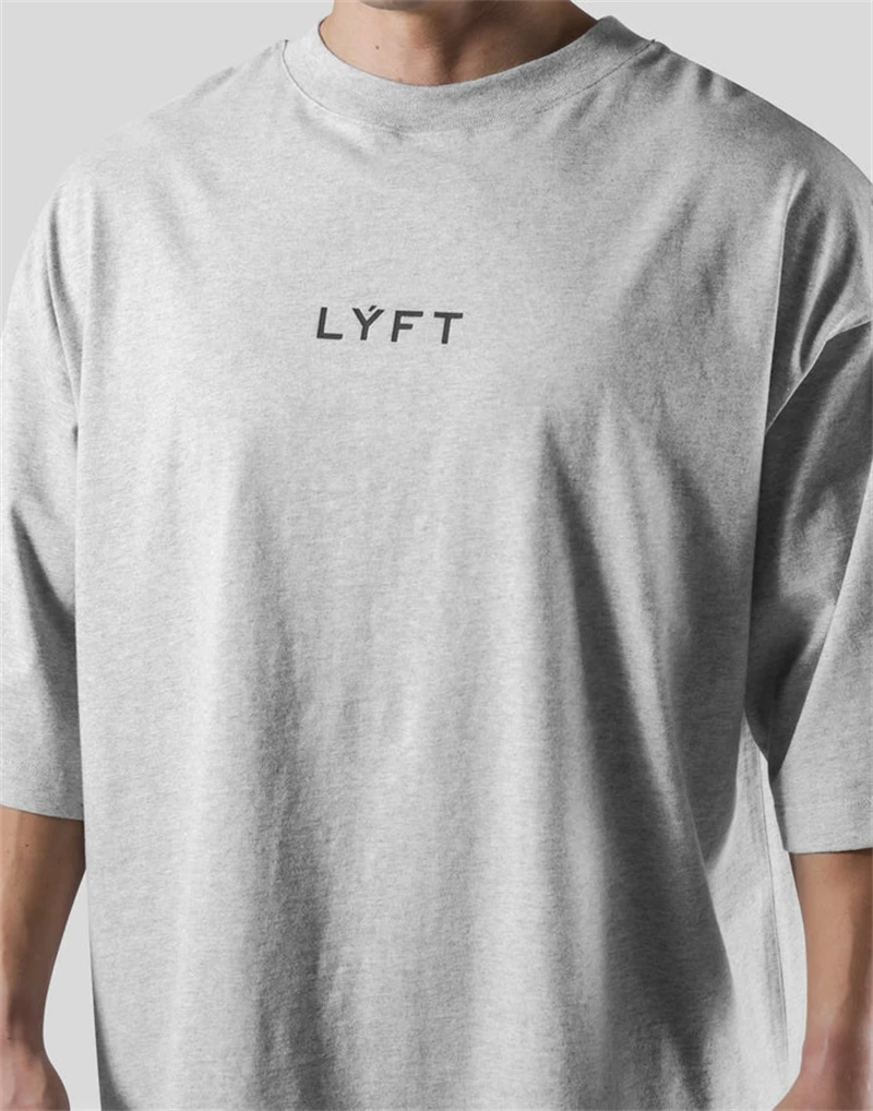 LYFT Loose Men Gym Running T-Shirts Breathable Short Sleeve Summer Cotton Fitness T Shirt Sports Bodybuilding Training TEE Tops
