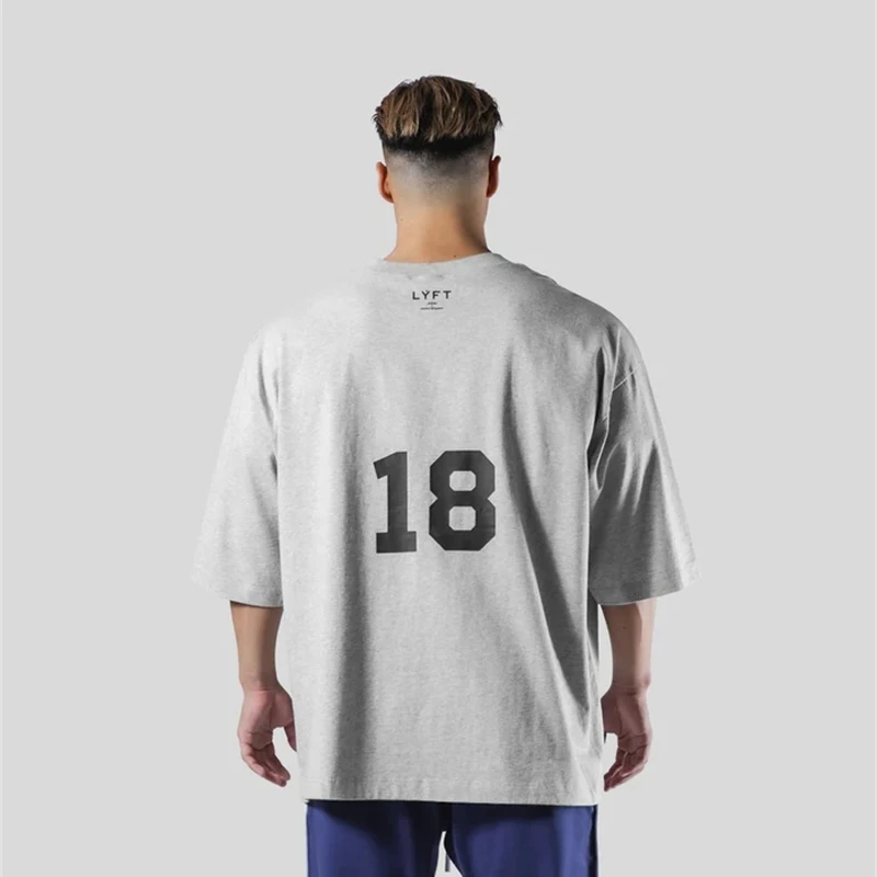 LYFT Loose Men Gym Running T-Shirts Breathable Short Sleeve Summer Cotton Fitness T Shirt Sports Bodybuilding Training TEE Tops