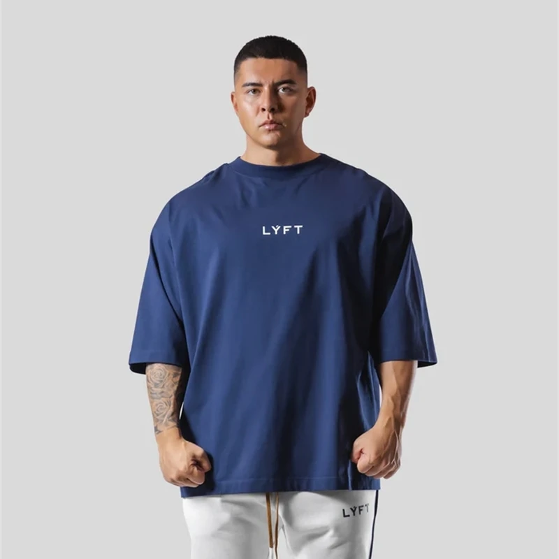 LYFT Loose Men Gym Running T-Shirts Breathable Short Sleeve Summer Cotton Fitness T Shirt Sports Bodybuilding Training TEE Tops