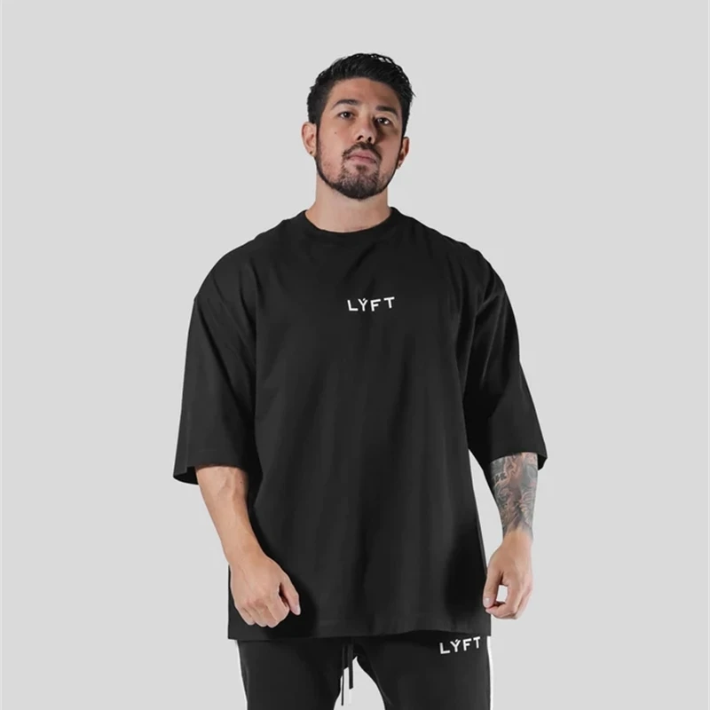 LYFT Loose Men Gym Running T-Shirts Breathable Short Sleeve Summer Cotton Fitness T Shirt Sports Bodybuilding Training TEE Tops
