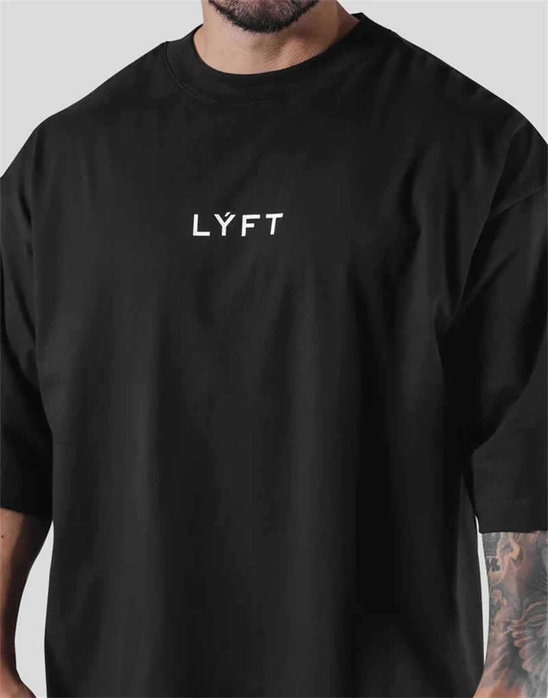 LYFT Loose Men Gym Running T-Shirts Breathable Short Sleeve Summer Cotton Fitness T Shirt Sports Bodybuilding Training TEE Tops