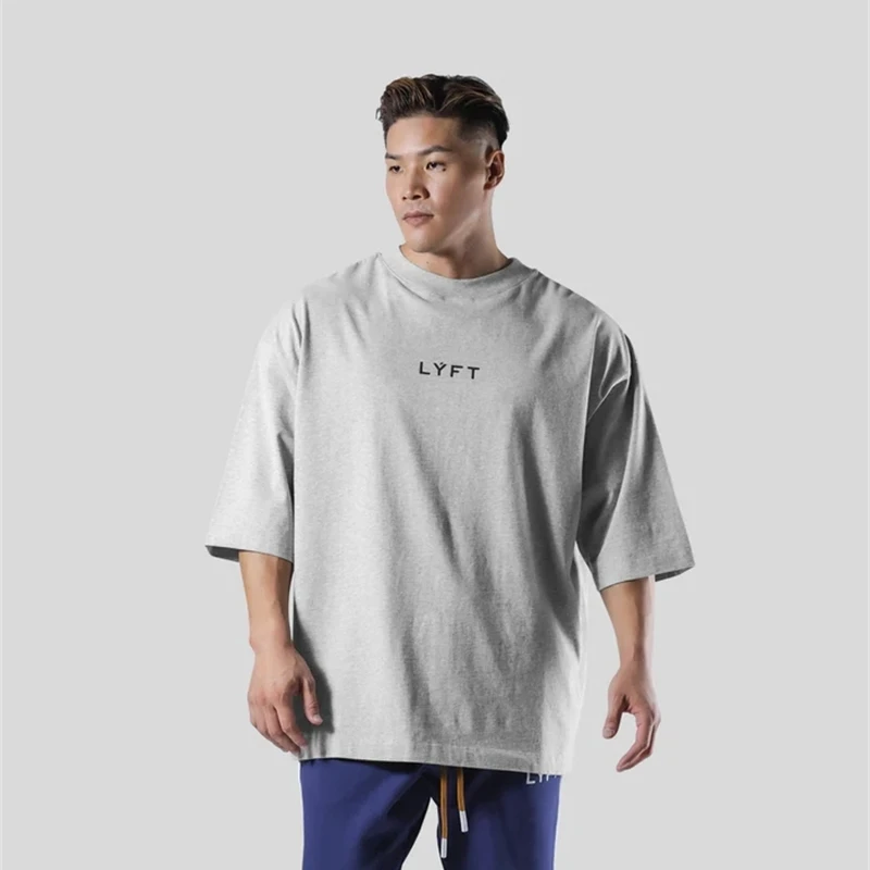 LYFT Loose Men Gym Running T-Shirts Breathable Short Sleeve Summer Cotton Fitness T Shirt Sports Bodybuilding Training TEE Tops
