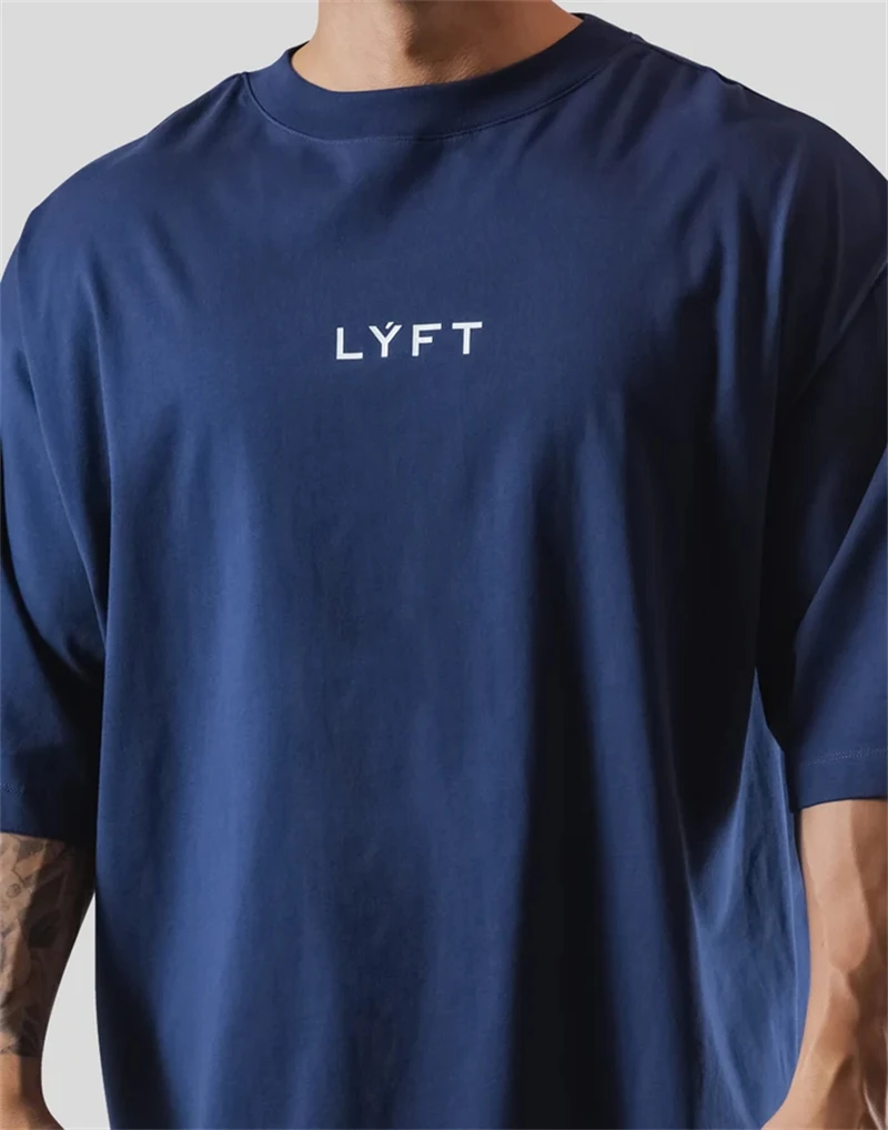LYFT Loose Men Gym Running T-Shirts Breathable Short Sleeve Summer Cotton Fitness T Shirt Sports Bodybuilding Training TEE Tops
