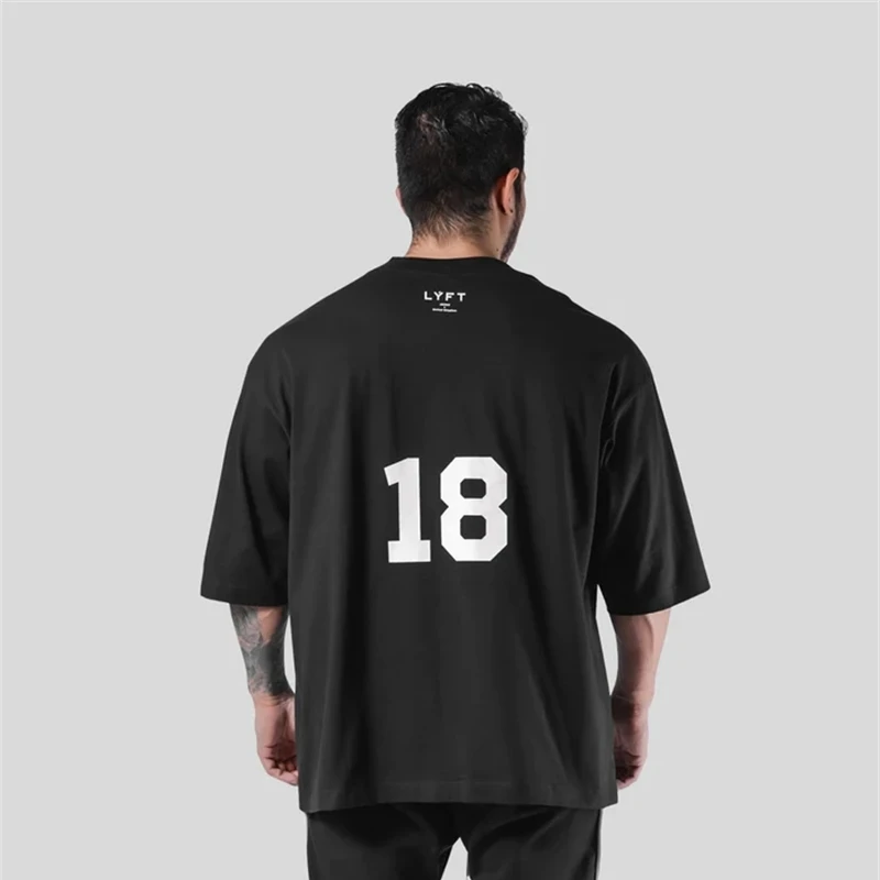 LYFT Loose Men Gym Running T-Shirts Breathable Short Sleeve Summer Cotton Fitness T Shirt Sports Bodybuilding Training TEE Tops