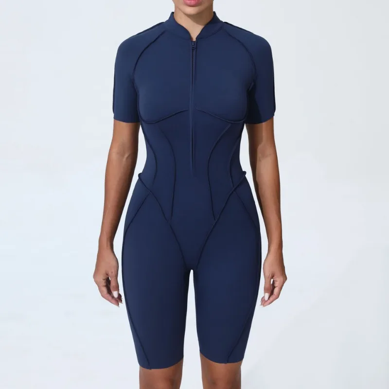 Zipper Short-sleeved Yoga Sports Fitness Jumpsuits Sets Without Chest Pad Tight Bodysuits Shorts Gym Workout Clothes for Women