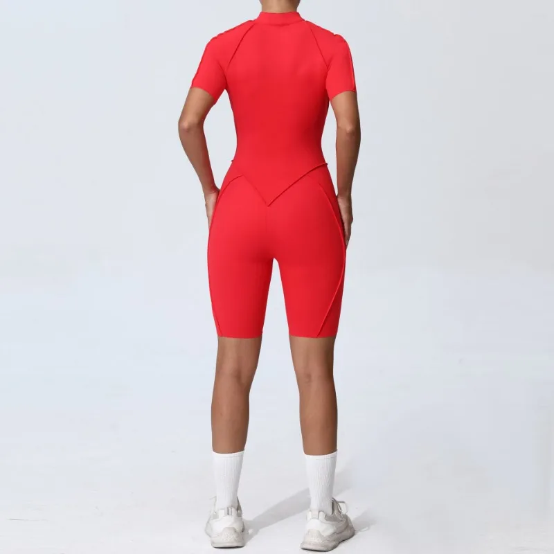 Zipper Short-sleeved Yoga Sports Fitness Jumpsuits Sets Without Chest Pad Tight Bodysuits Shorts Gym Workout Clothes for Women