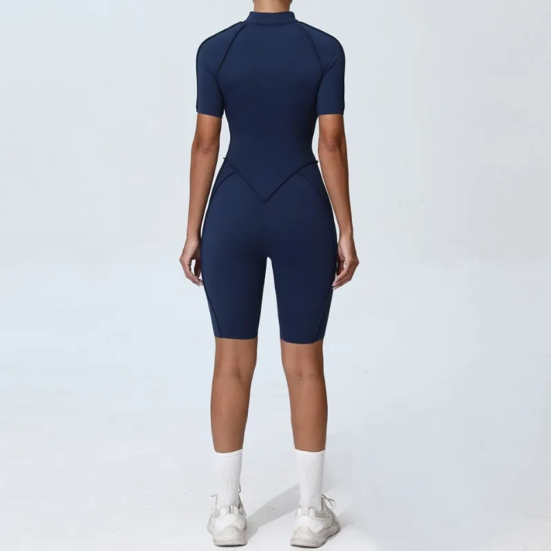 Zipper Short-sleeved Yoga Sports Fitness Jumpsuits Sets Without Chest Pad Tight Bodysuits Shorts Gym Workout Clothes for Women
