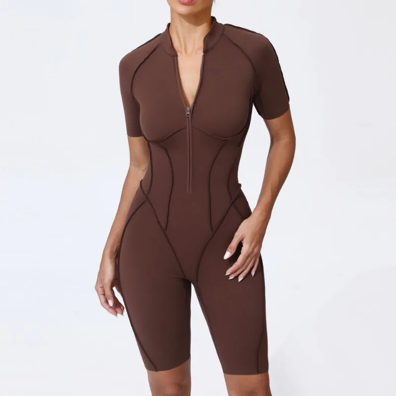 Zipper Short-sleeved Yoga Sports Fitness Jumpsuits Sets Without Chest Pad Tight Bodysuits Shorts Gym Workout Clothes for Women