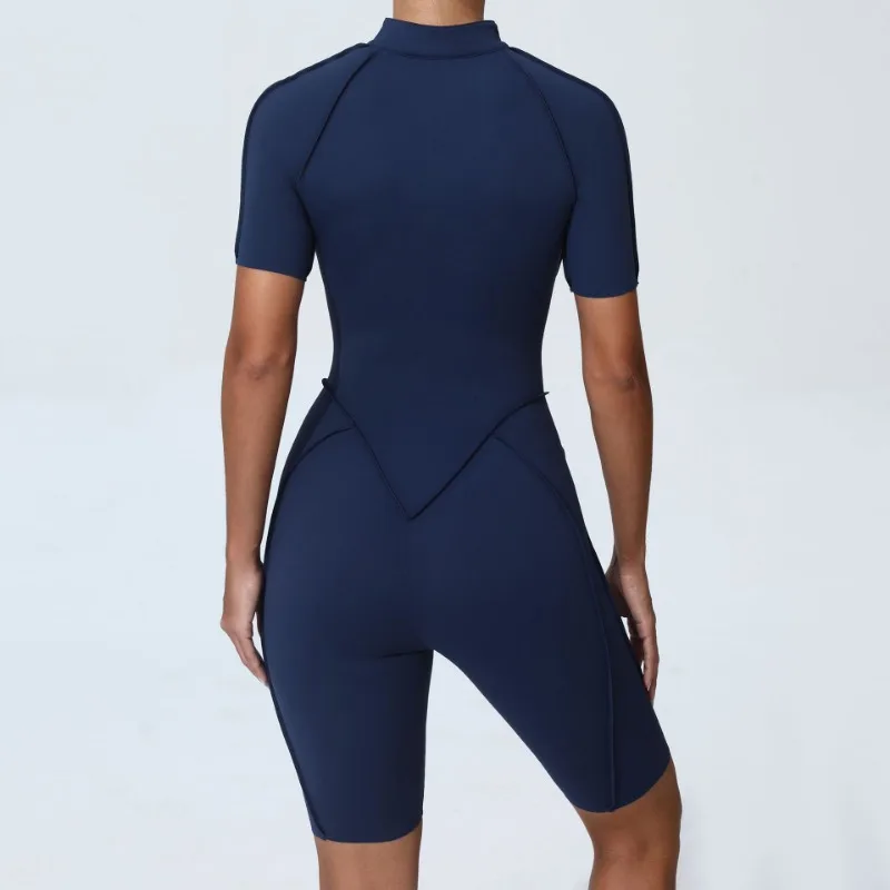 Zipper Short-sleeved Yoga Sports Fitness Jumpsuits Sets Without Chest Pad Tight Bodysuits Shorts Gym Workout Clothes for Women
