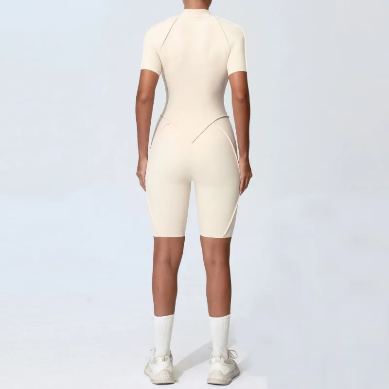 Zipper Short-sleeved Yoga Sports Fitness Jumpsuits Sets Without Chest Pad Tight Bodysuits Shorts Gym Workout Clothes for Women