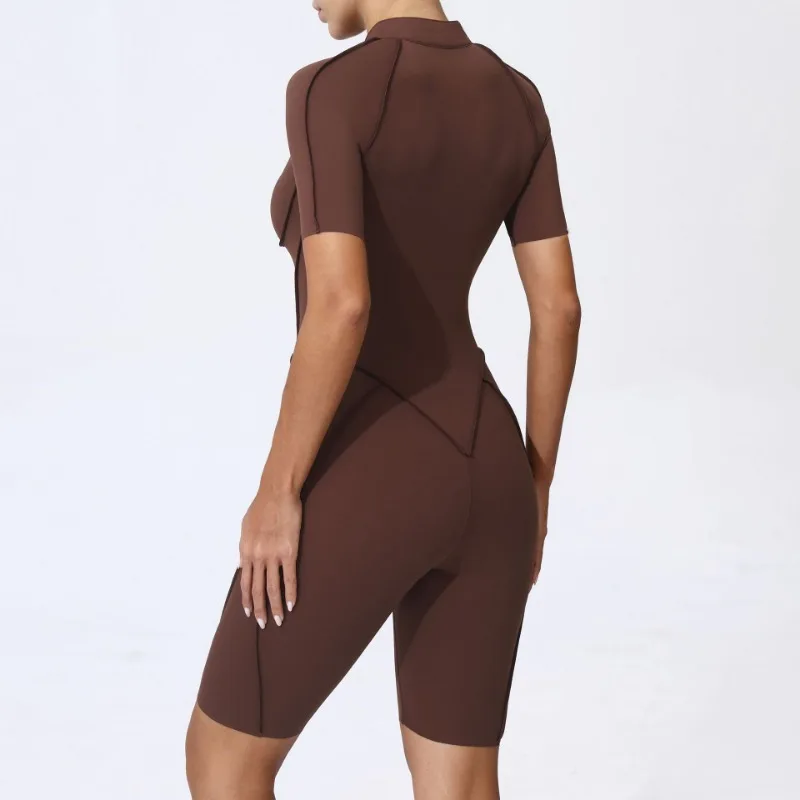 Zipper Short-sleeved Yoga Sports Fitness Jumpsuits Sets Without Chest Pad Tight Bodysuits Shorts Gym Workout Clothes for Women