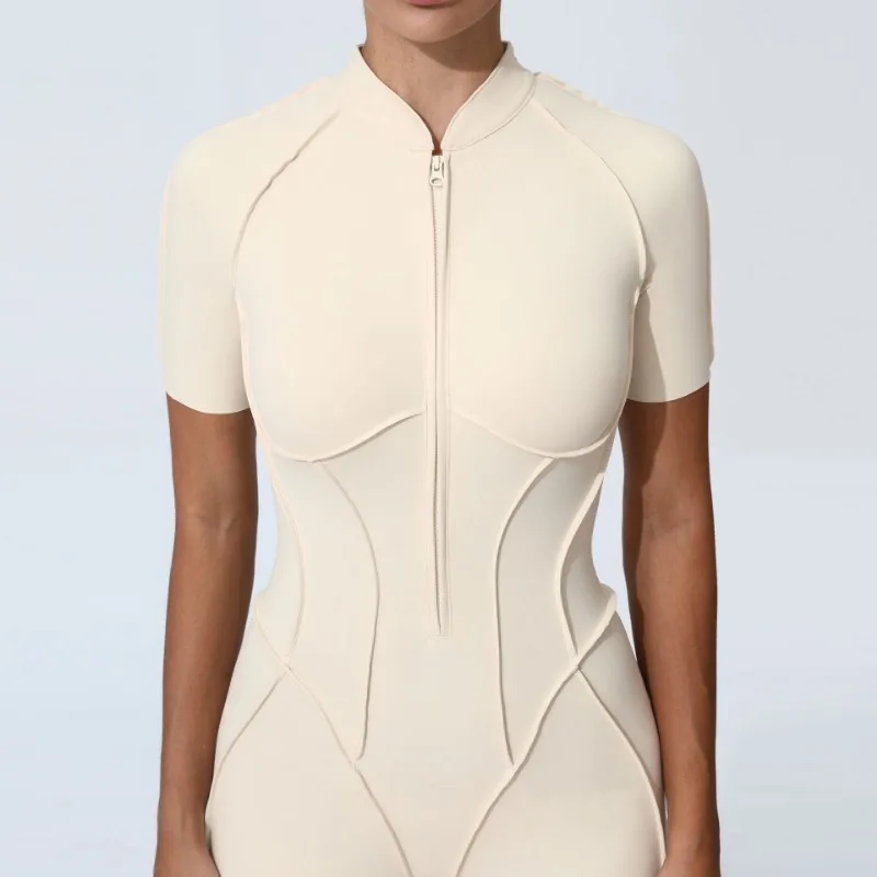 Zipper Short-sleeved Yoga Sports Fitness Jumpsuits Sets Without Chest Pad Tight Bodysuits Shorts Gym Workout Clothes for Women