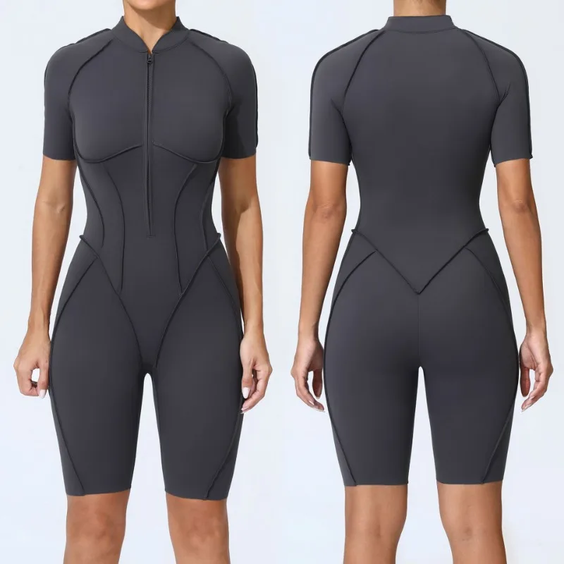 Zipper Short-sleeved Yoga Sports Fitness Jumpsuits Sets Without Chest Pad Tight Bodysuits Shorts Gym Workout Clothes for Women