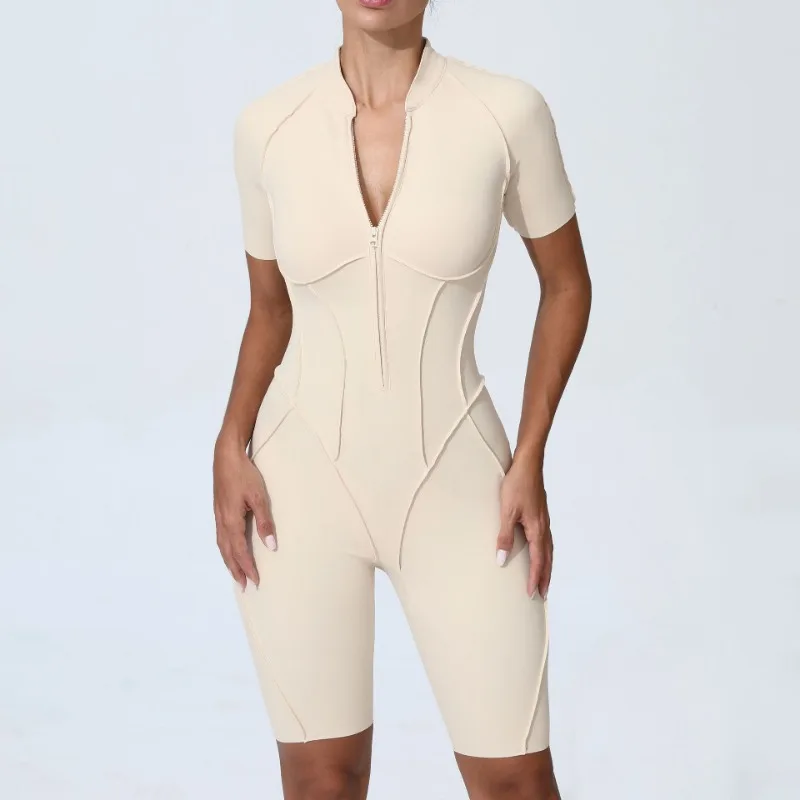Zipper Short-sleeved Yoga Sports Fitness Jumpsuits Sets Without Chest Pad Tight Bodysuits Shorts Gym Workout Clothes for Women