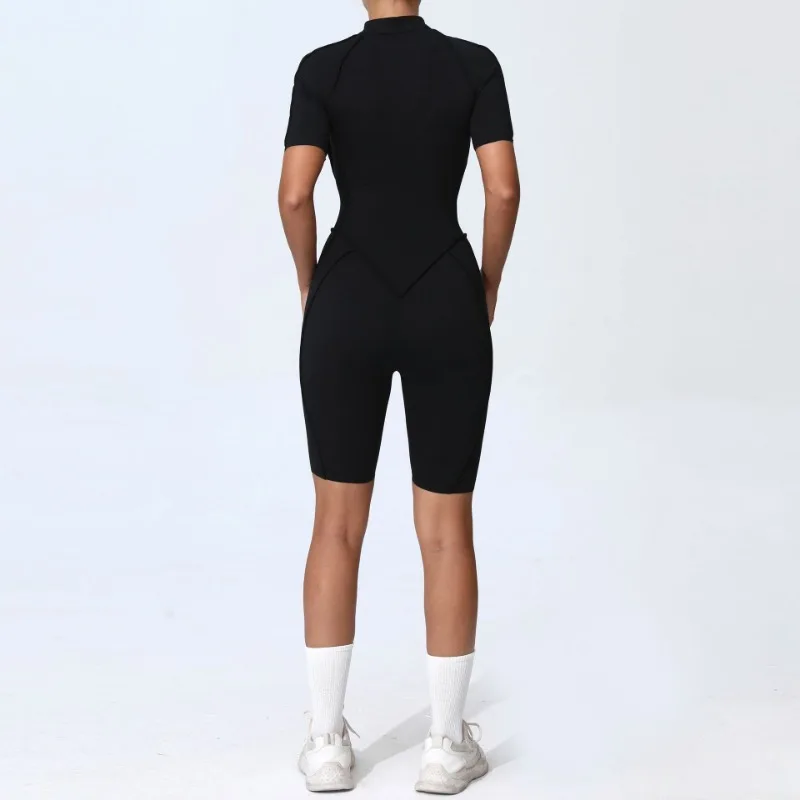 Zipper Short-sleeved Yoga Sports Fitness Jumpsuits Sets Without Chest Pad Tight Bodysuits Shorts Gym Workout Clothes for Women
