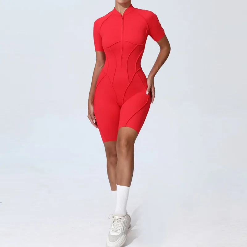 Zipper Short-sleeved Yoga Sports Fitness Jumpsuits Sets Without Chest Pad Tight Bodysuits Shorts Gym Workout Clothes for Women