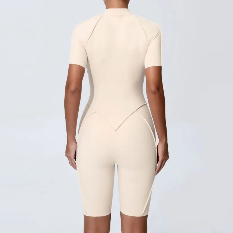 Zipper Short-sleeved Yoga Sports Fitness Jumpsuits Sets Without Chest Pad Tight Bodysuits Shorts Gym Workout Clothes for Women