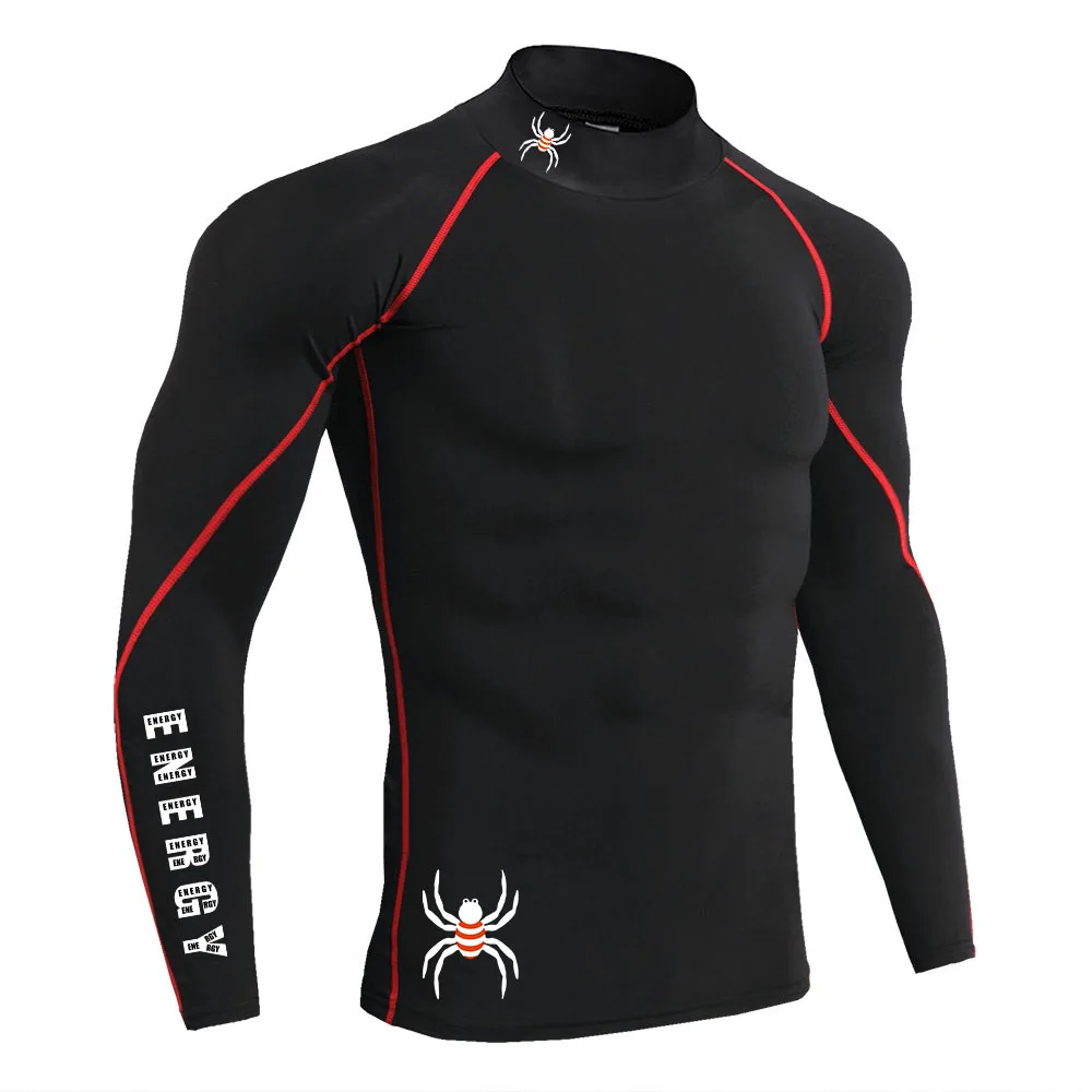 Men's Gym Compression Shirt Long Sleeve Quick Dry Breathable Workout Top High Neck Tight Fit Bodybuilding Training