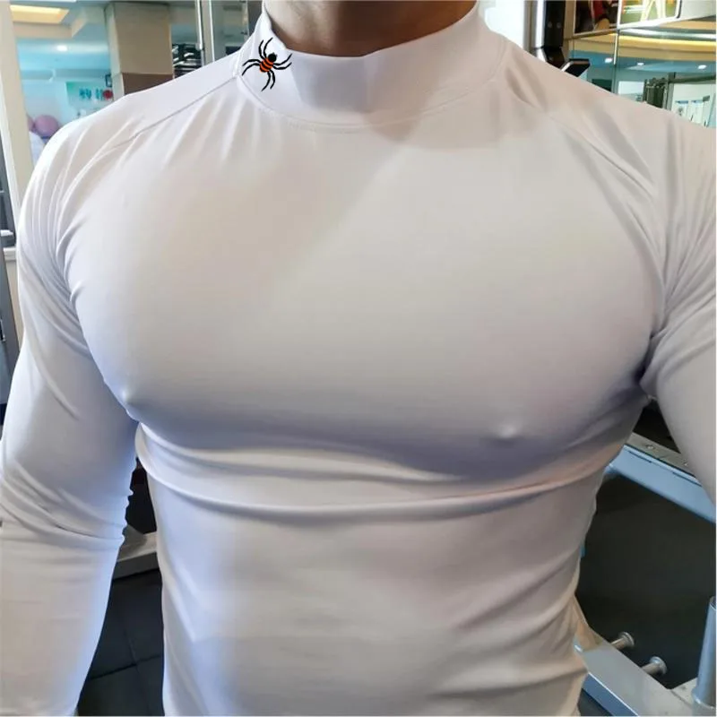 Men's Gym Compression Shirt Long Sleeve Quick Dry Breathable Workout Top High Neck Tight Fit Bodybuilding Training
