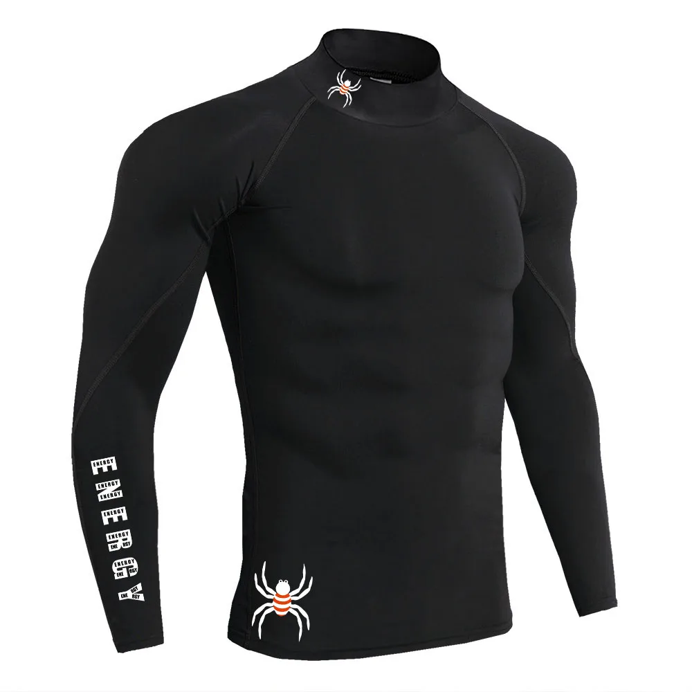 Men's Gym Compression Shirt Long Sleeve Quick Dry Breathable Workout Top High Neck Tight Fit Bodybuilding Training