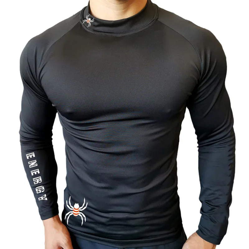 Men's Gym Compression Shirt Long Sleeve Quick Dry Breathable Workout Top High Neck Tight Fit Bodybuilding Training