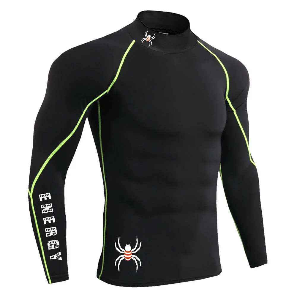 Men's Gym Compression Shirt Long Sleeve Quick Dry Breathable Workout Top High Neck Tight Fit Bodybuilding Training