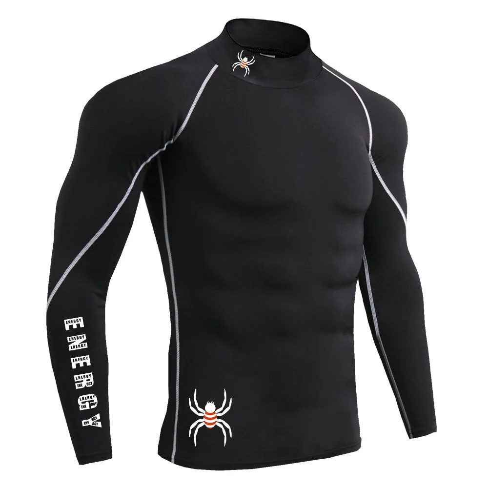 Men's Gym Compression Shirt Long Sleeve Quick Dry Breathable Workout Top High Neck Tight Fit Bodybuilding Training