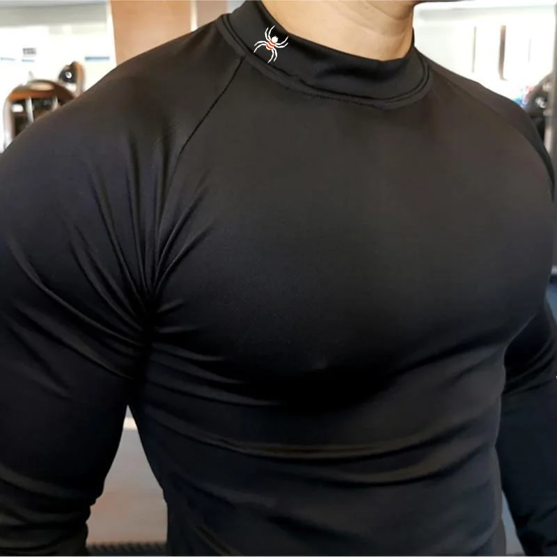 Men's Gym Compression Shirt Long Sleeve Quick Dry Breathable Workout Top High Neck Tight Fit Bodybuilding Training