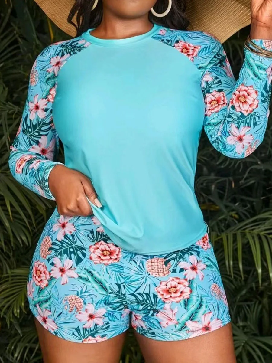 2026 Tropical Long Sleeve Swimsuit Women Plus Large Size Swimwear Female Bathers Bathing Swimming Swim Suit Beachwear 4XL