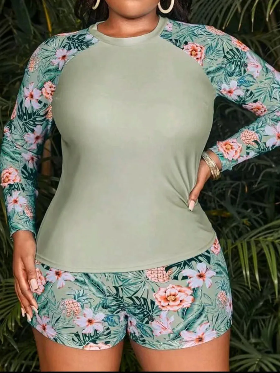 2026 Tropical Long Sleeve Swimsuit Women Plus Large Size Swimwear Female Bathers Bathing Swimming Swim Suit Beachwear 4XL