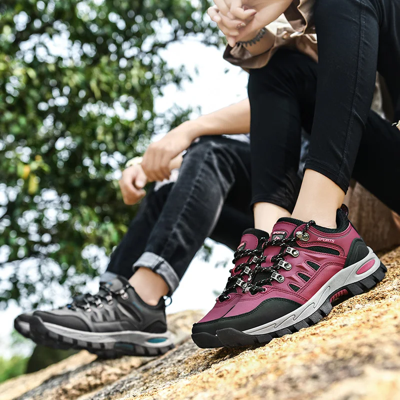 HIKEUP Autumn And Winter Outdoor Hiking Shoes Men Women Sneakers Couple Models High Quality Leather Sport Men Trekking Plus Size