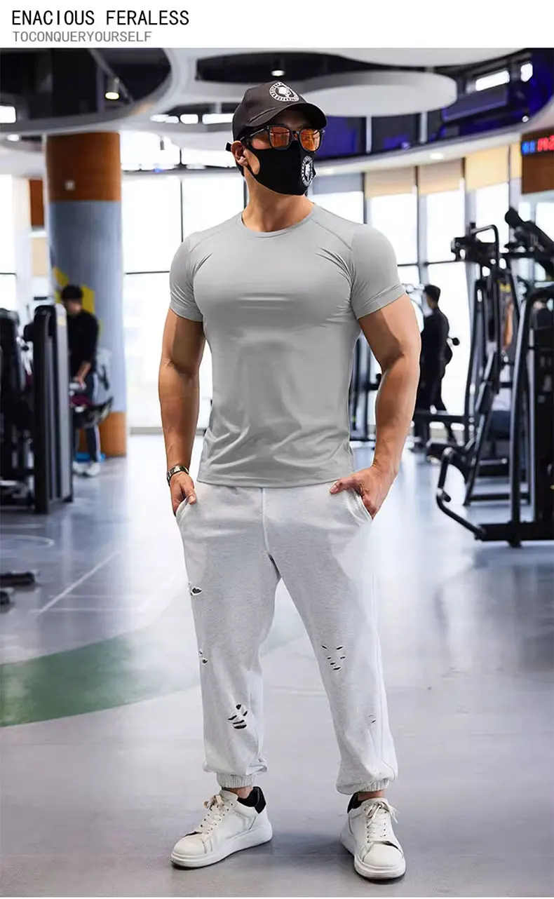 Gym T-shirt Man Plus Size Dry Fit Men's Sports T-shirts Sweatshirt Tops Plain Color Muscle Training Activewear Yoga Clothes Tee