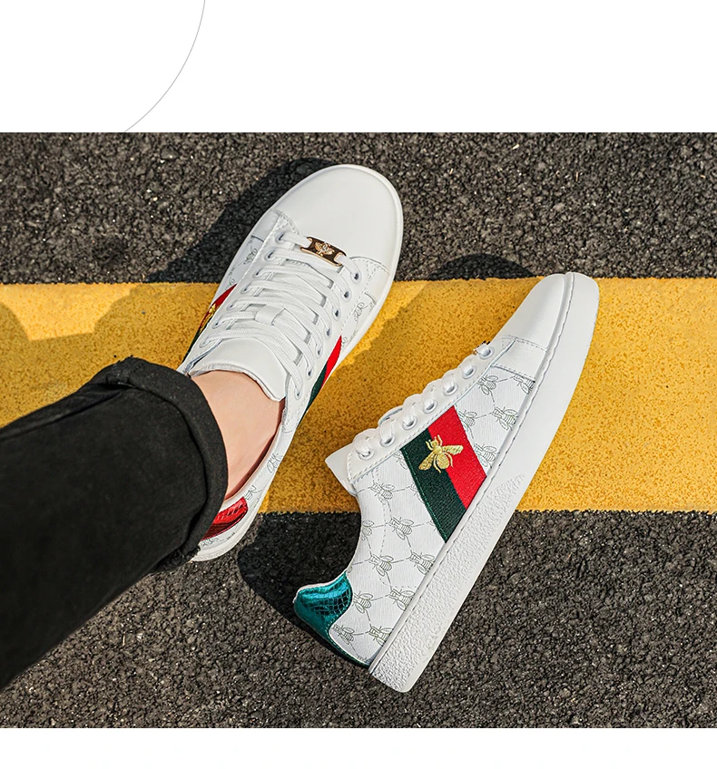 Brand Fashion Embroidered Bee Shoes Man Quality Genuine Leather Men's Skate Shoes Luxury Designer Sneakers zapatos de skateboard