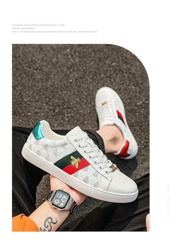 Brand Fashion Embroidered Bee Shoes Man Quality Genuine Leather Men's Skate Shoes Luxury Designer Sneakers zapatos de skateboard