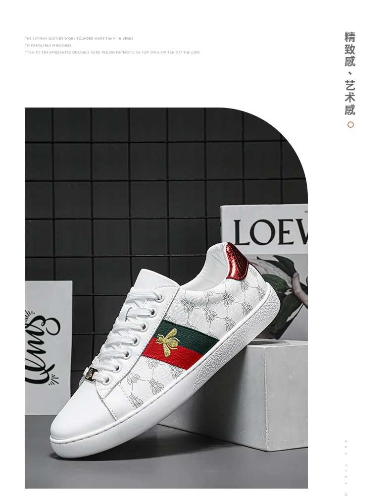 Brand Fashion Embroidered Bee Shoes Man Quality Genuine Leather Men's Skate Shoes Luxury Designer Sneakers zapatos de skateboard
