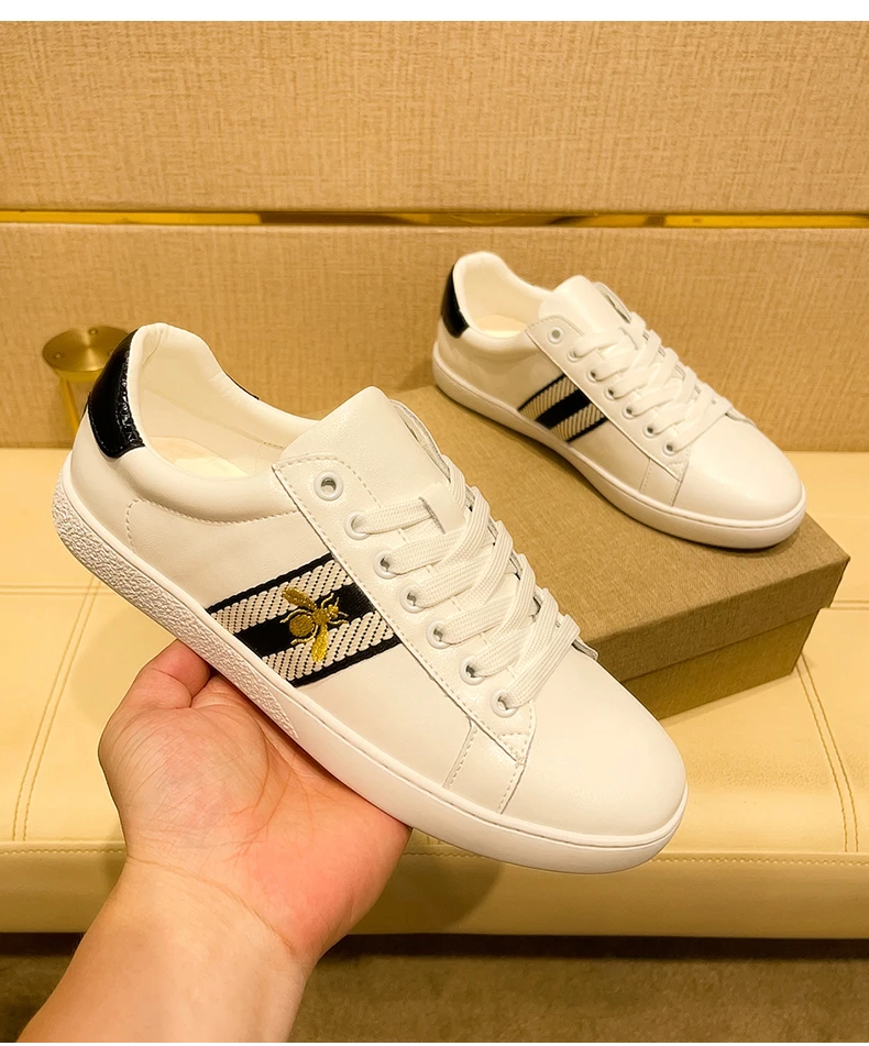 Brand Fashion Embroidered Bee Shoes Man Quality Genuine Leather Men's Skate Shoes Luxury Designer Sneakers zapatos de skateboard