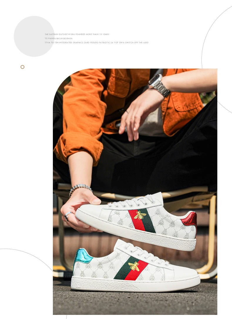 Brand Fashion Embroidered Bee Shoes Man Quality Genuine Leather Men's Skate Shoes Luxury Designer Sneakers zapatos de skateboard