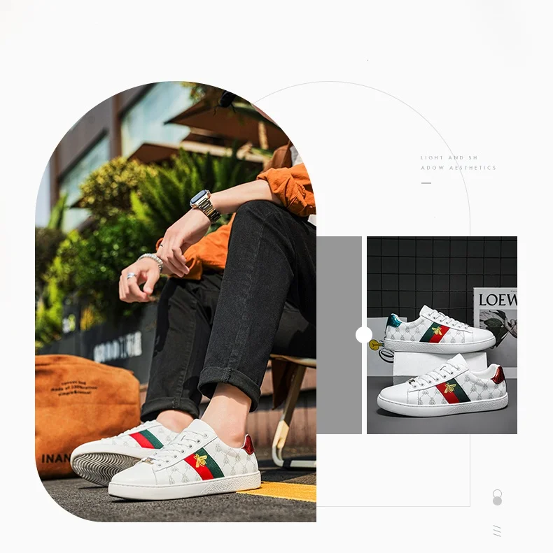 Brand Fashion Embroidered Bee Shoes Man Quality Genuine Leather Men's Skate Shoes Luxury Designer Sneakers zapatos de skateboard