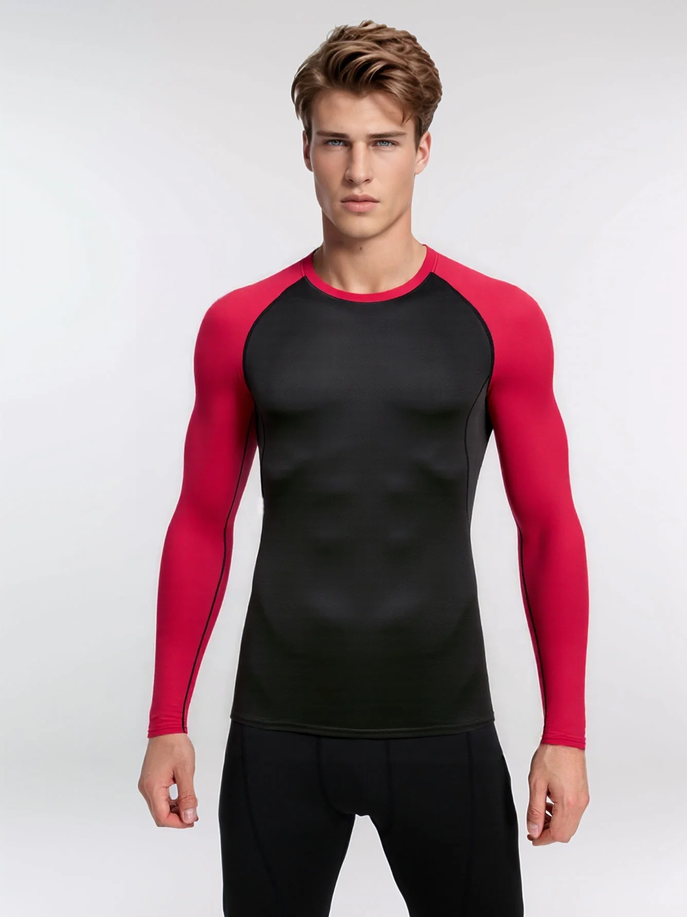 Men's Compression Fitness Top, Quick-Dry Sweat-Wicking Long Sleeve Casual Sport Base Layer, Durable Color Block Pullover Top Fit
