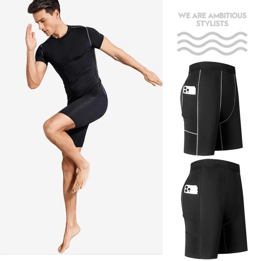 Men‘s Compression Short Pants Elastic Quick Dry Running Fitness Shorts With Pocket Big Size Black Tight Gym Training Pants