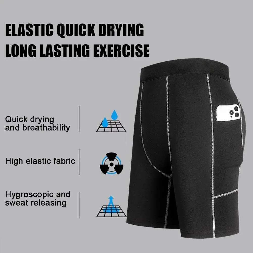 Men‘s Compression Short Pants Elastic Quick Dry Running Fitness Shorts With Pocket Big Size Black Tight Gym Training Pants