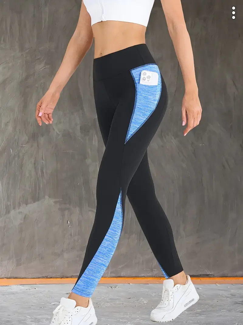 Contrast Color Patchwork Side Pocket Yoga Pants High Waist Tummy Control Hip Lifting Yoga Leggings Sportawear For Women