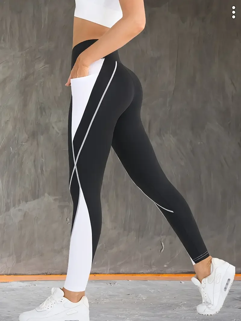 Contrast Color Patchwork Side Pocket Yoga Pants High Waist Tummy Control Hip Lifting Yoga Leggings Sportawear For Women