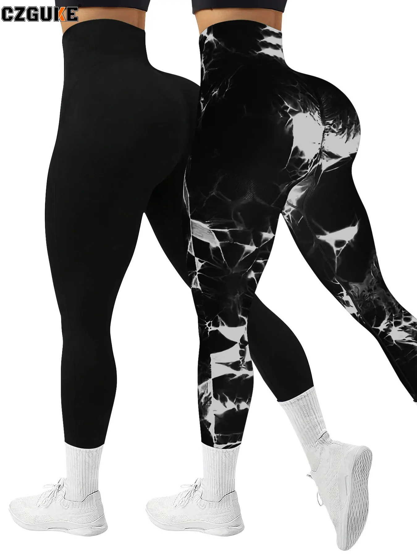 CZGUKE 2-Piece Women's Tie Dye Pants Sports Leggings Seamless High Waisted Push Ups Women's Fitness and Exercise Clothes